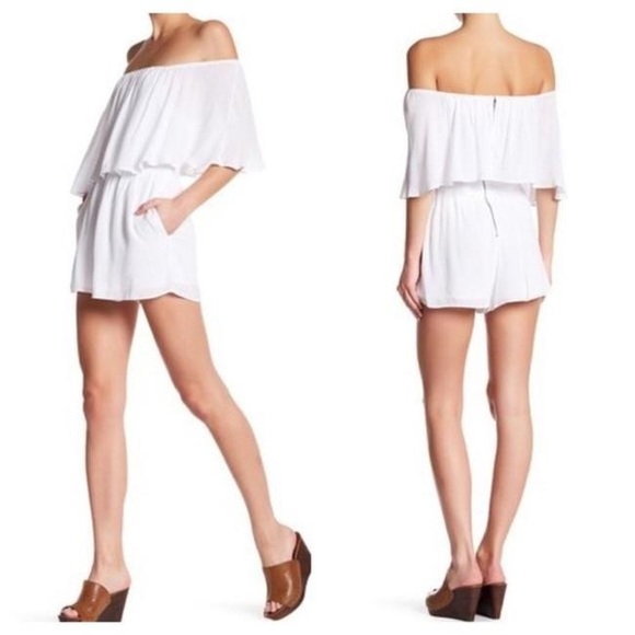 Alice + Olivia Pants - White Alvia Off-the-shoulder Romper/Jumpsuit